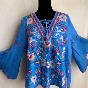 Johnny Was OMAN Lace Up Swing Blouse Size L - Blue with Floral Embroidery - EUC